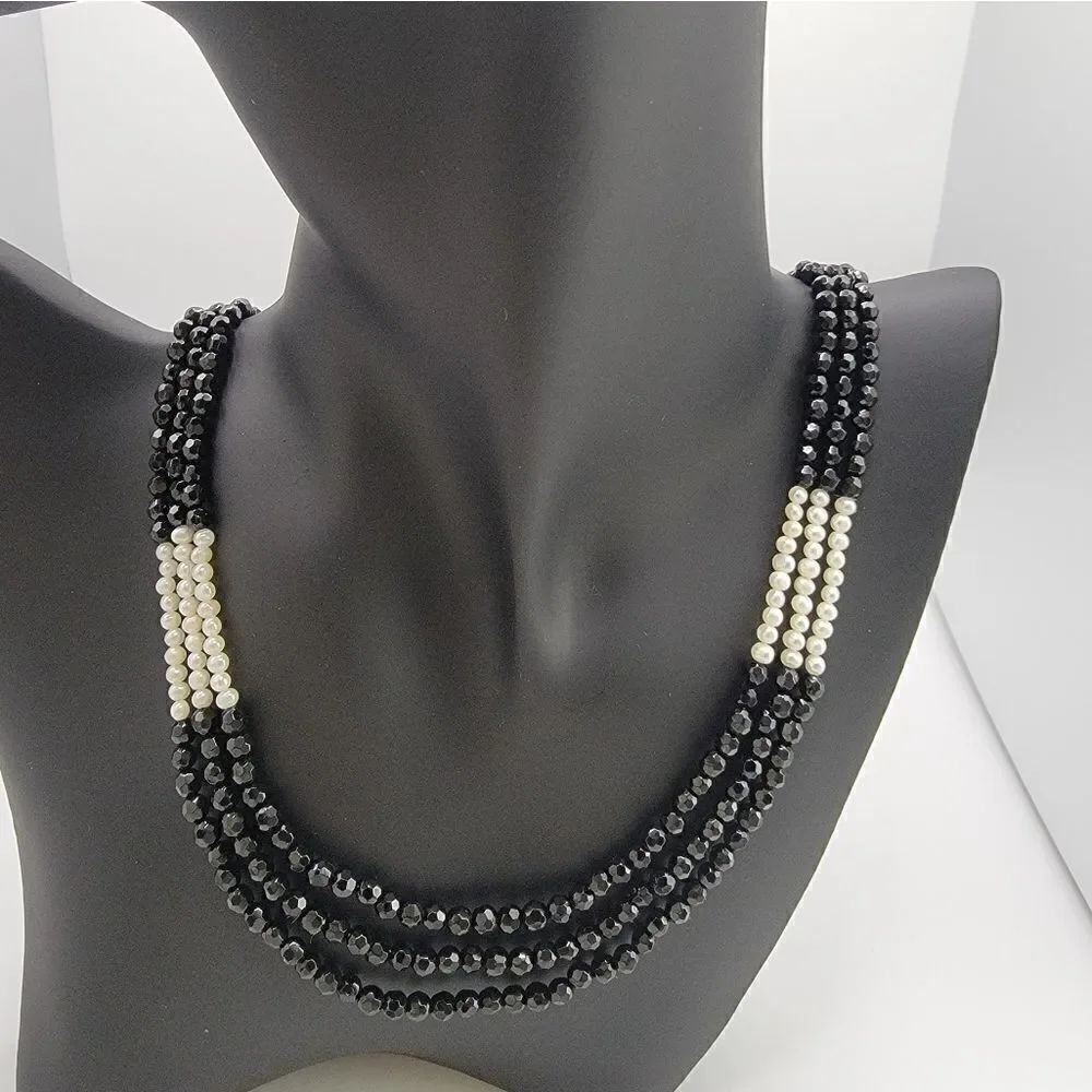 NEW Three-Strand Onyx Bead and Freshwater Pearl Necklace